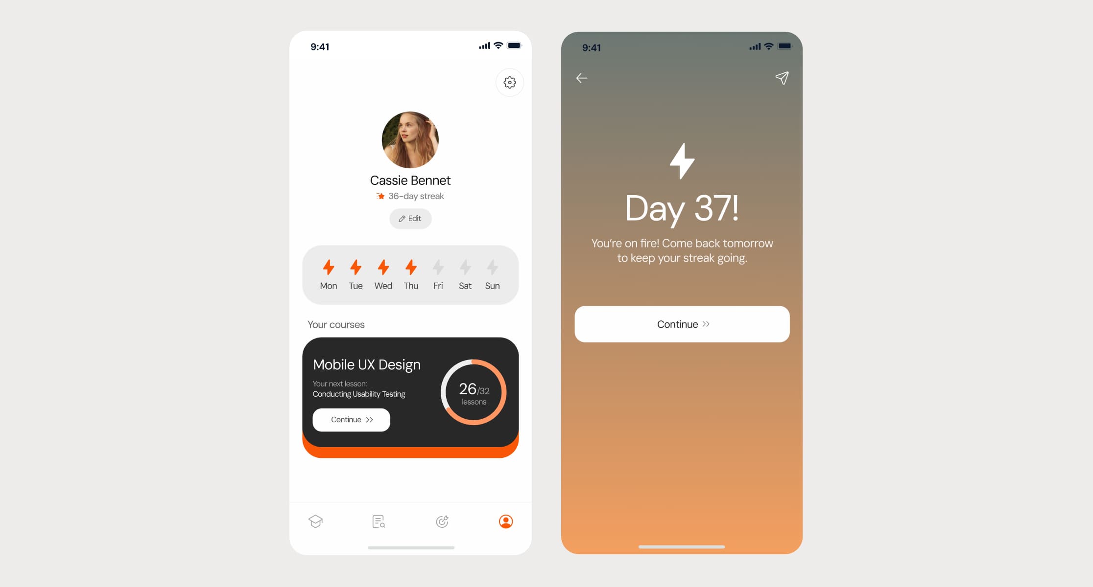Streak tracker and day celebration screen